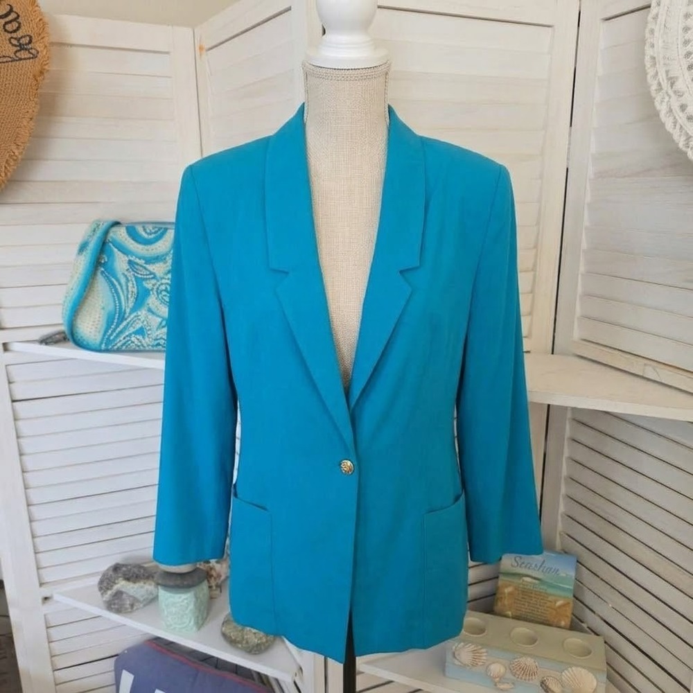 Sag Harbor Turquoise Blue Blazer Size 16 Single Button Career Jacket Pocketed